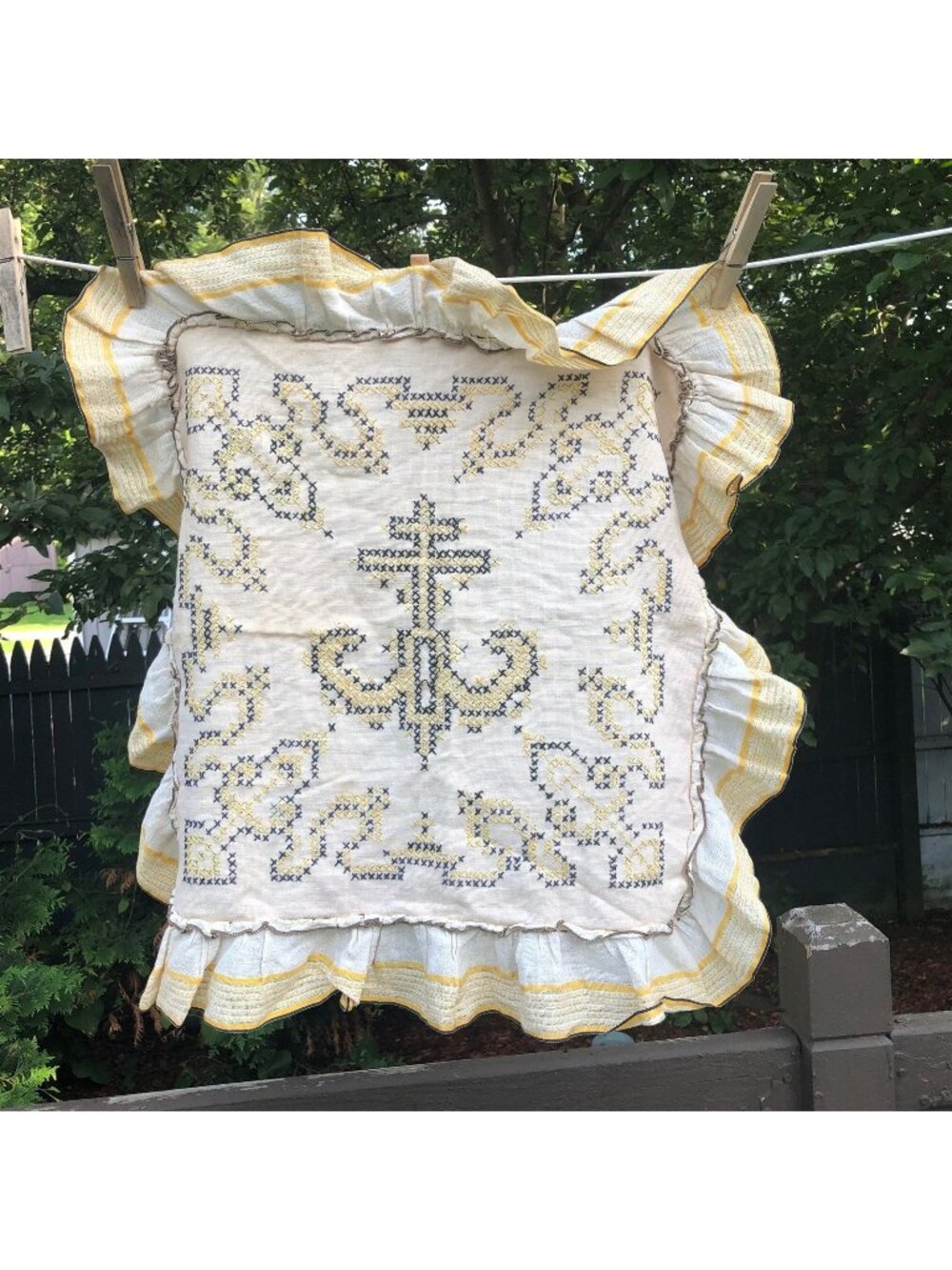 Vintage Cross Stitch Pillow Sham Anchor Ruffle Blue Gold Nautical Cottagecore